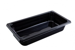 This CPET tray is a 1/3 gastronome size and is used in the food service business.  The CPET trays are available in black and we have many different kinds in shape.